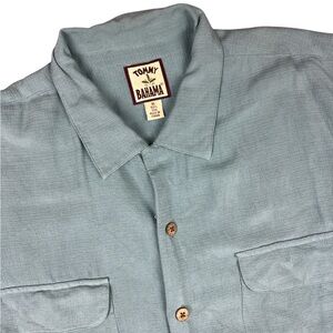 TOMMY BAHAMA Shirt Mens XL Seafoam Green Silk travel‎ beach Embroidered Palm